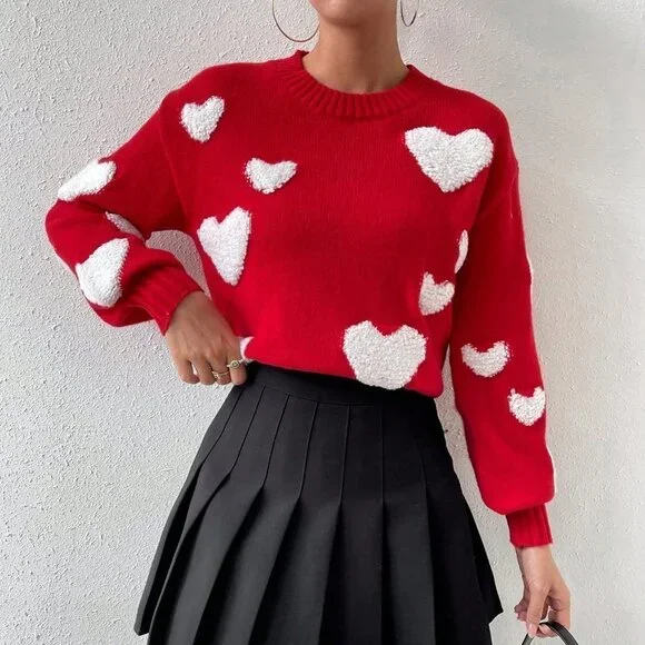 Red Casual Womens Heart Knit Drop Shoulder Sweater - Picture 5 of 5